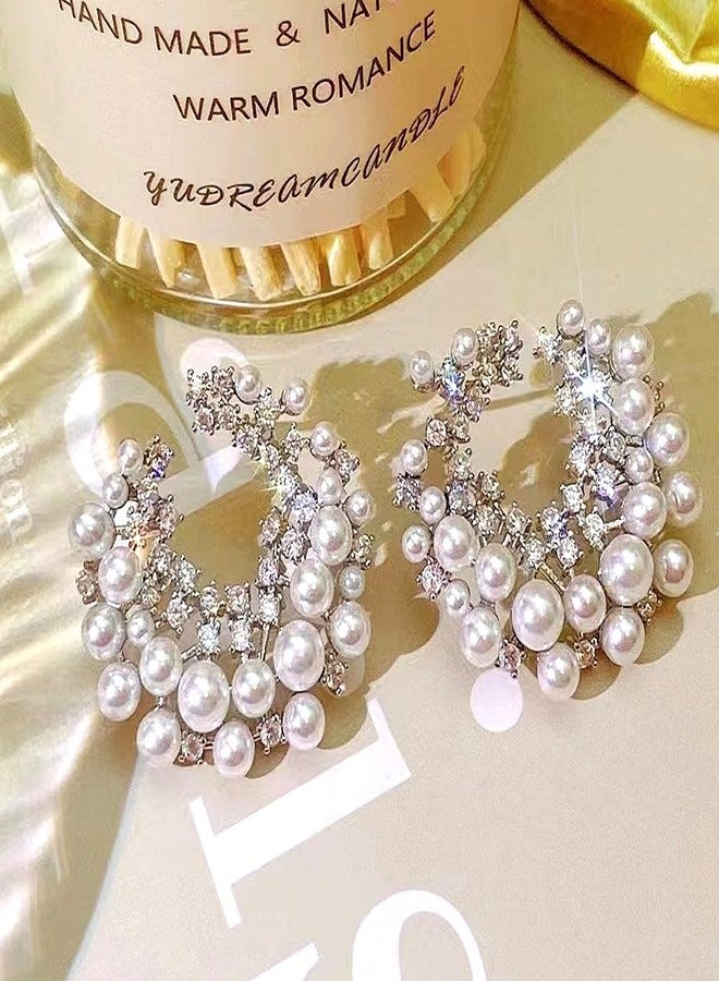 Uarein Trendy Pearl Earring for Women Dainty 14K Gold Cubic Zirconia Pearl Drop Earrings Chunky Statement Earrings Vintage Wedding Banquet Jewelry Presents (Silver) - Image 4